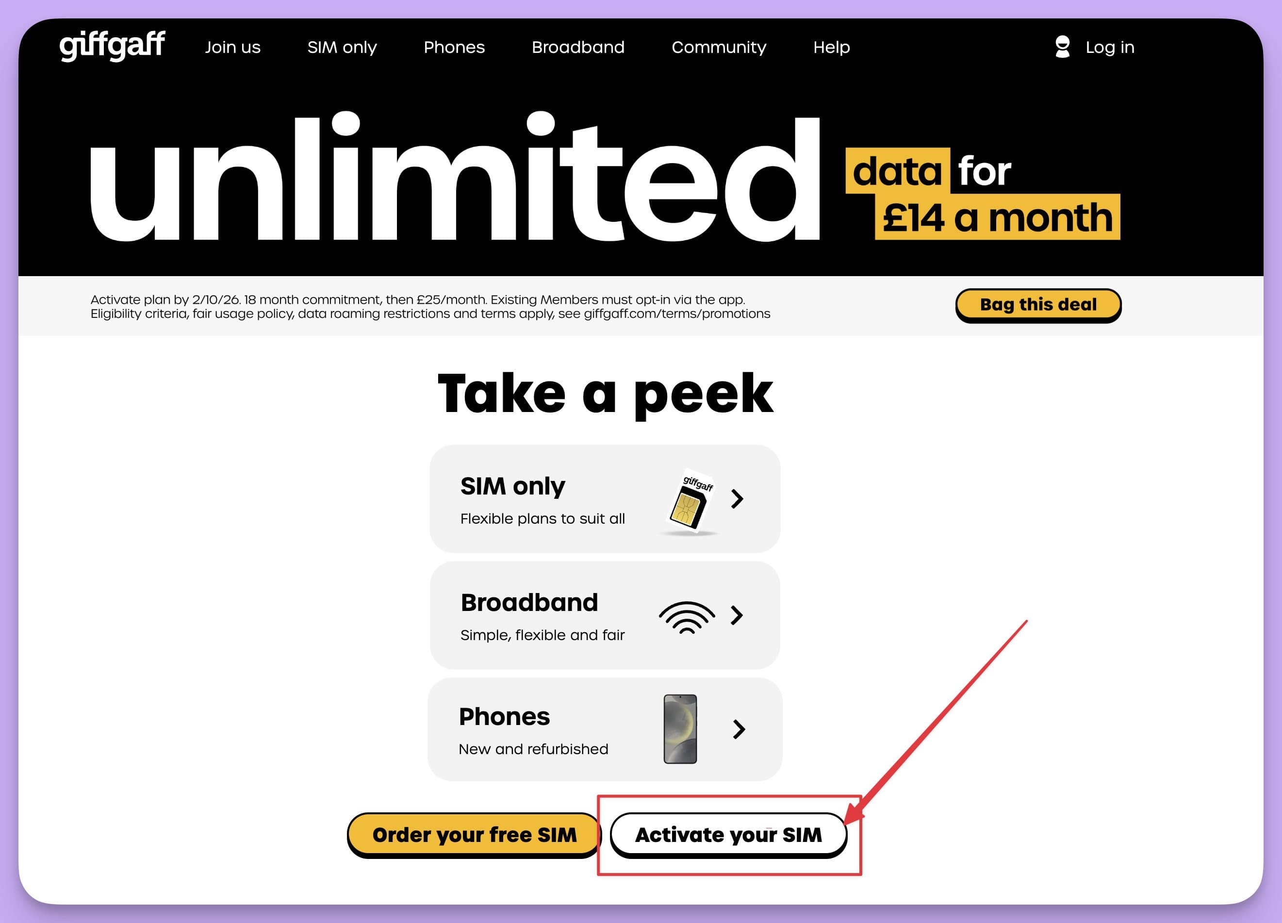 giffgaff 官网 Activate your SIM 激活入口