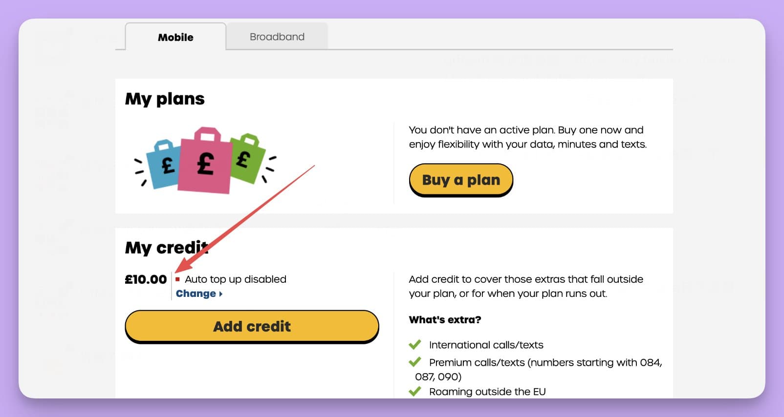 giffgaff 账户 Dashboard 显示 plan 与 credit 余额