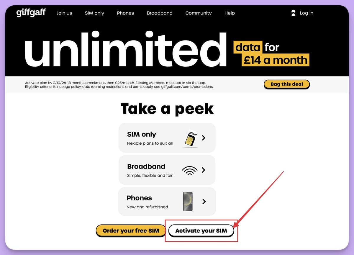 giffgaff 激活流程页面截图