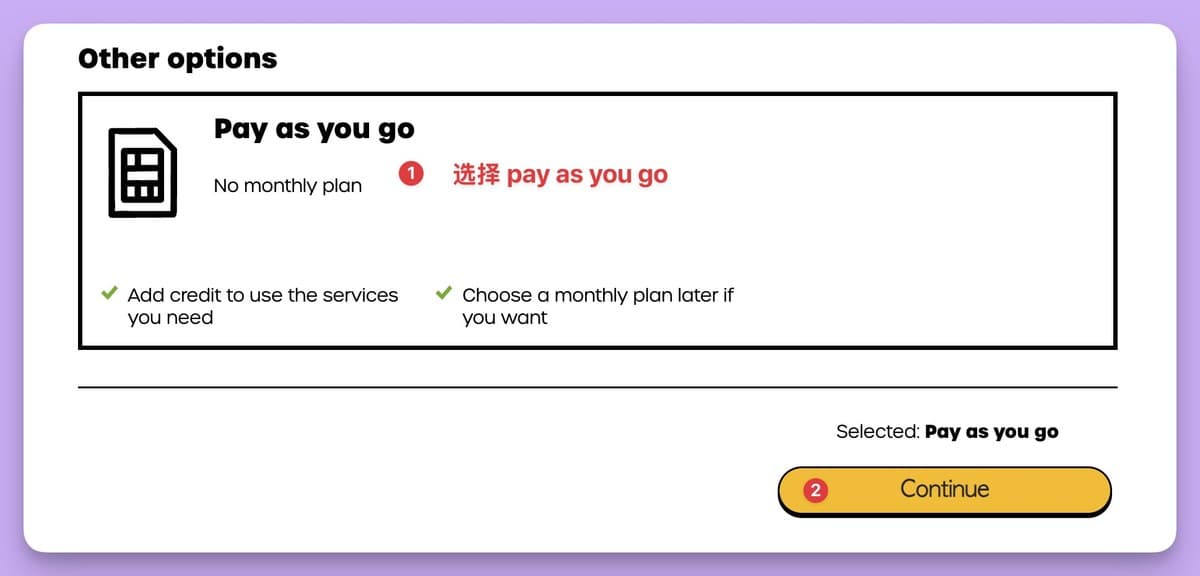 ① 拉到底部选 Pay as you go → ② 确认后点 Continue