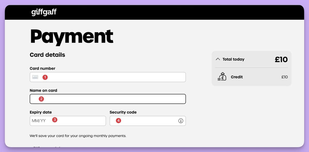 giffgaff 激活流程页面截图
