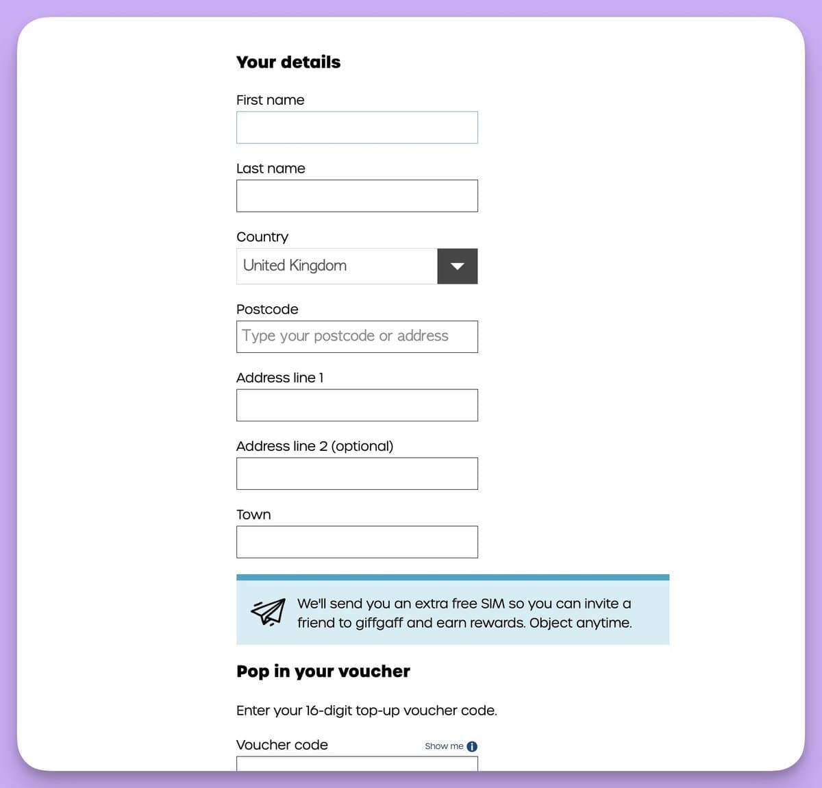 giffgaff 激活流程页面截图