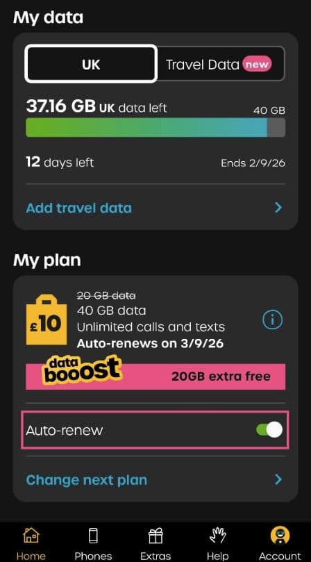 Auto-renew under My plan in the giffgaff app