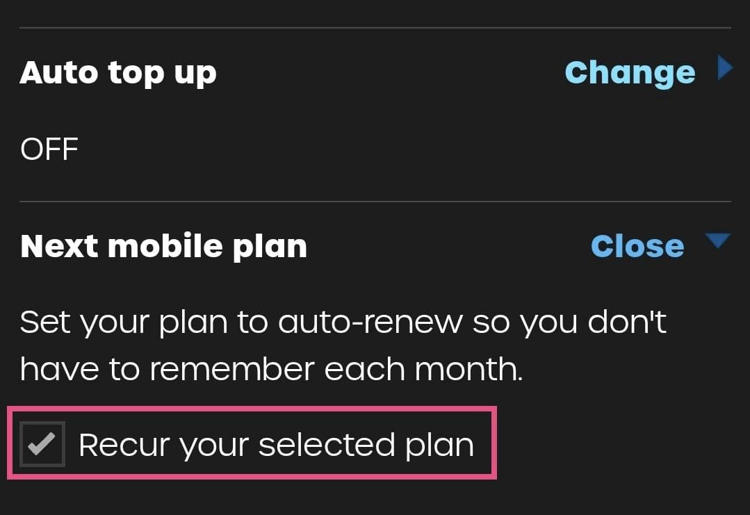 Recur your selected plan checkbox in giffgaff payment settings