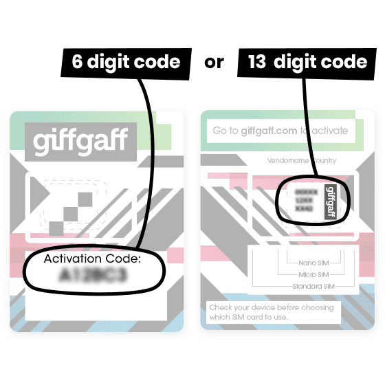 giffgaff 卡托激活码与 SIM 序列号位置