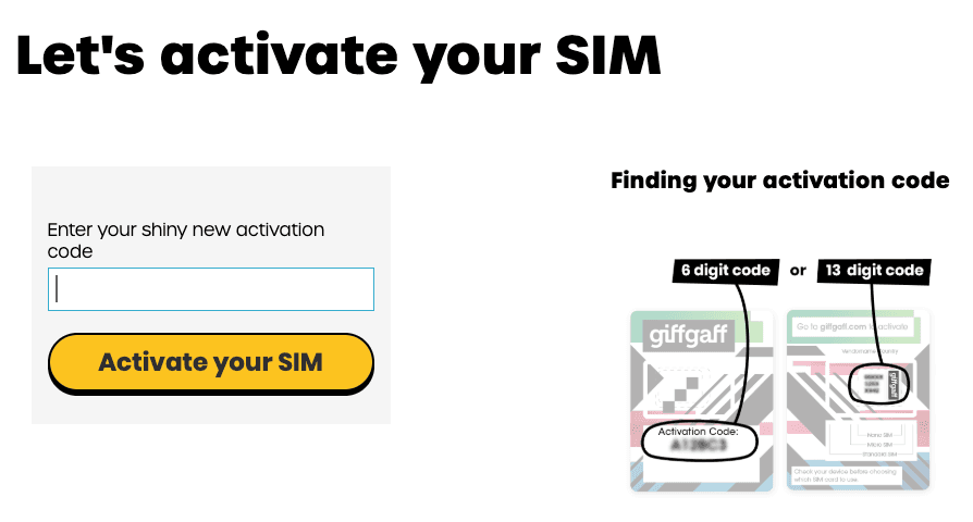 giffgaff 官方激活码输入界面参考图