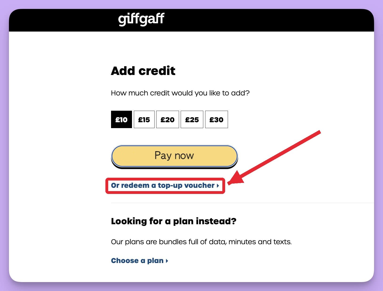 giffgaff 付款页 Pay now 下方的 Or redeem a top-up voucher 充值券入口