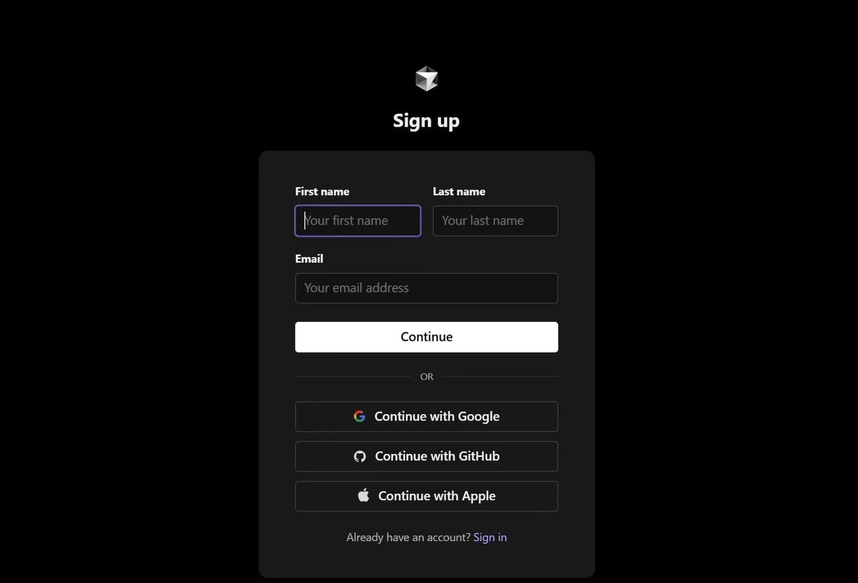 Cursor 注册页面,提供邮箱和 Google、GitHub、Apple 登录