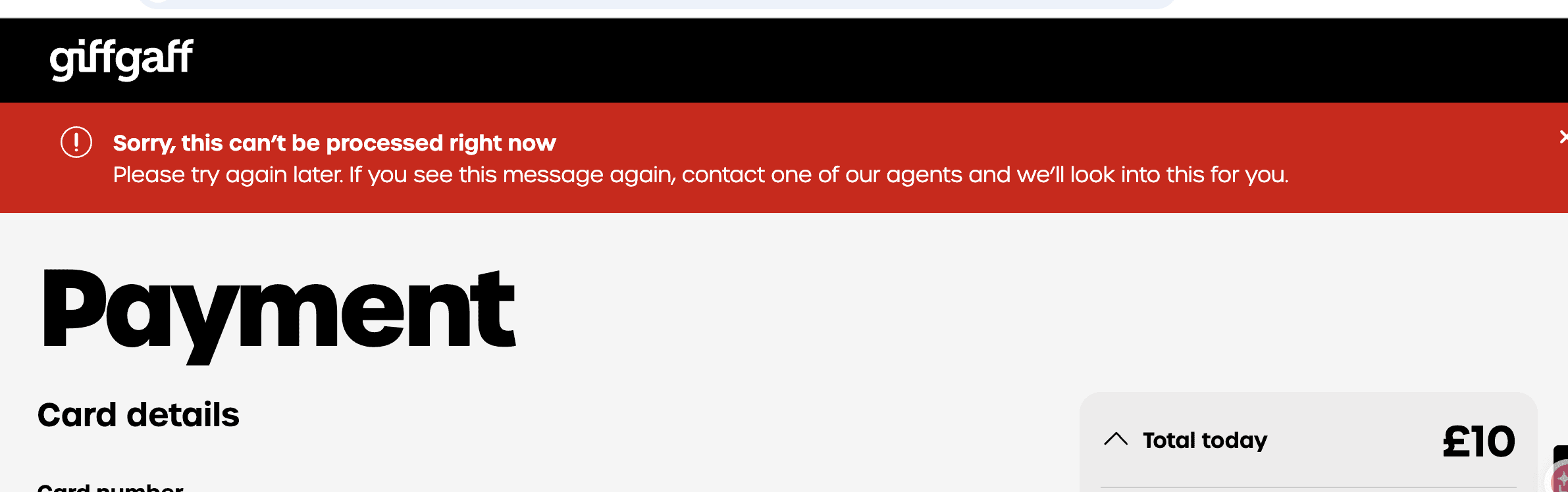 giffgaff payment error screenshot